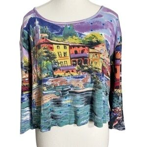 French Postcards Watercolor Scenic 3/4 Sleeve Blouse